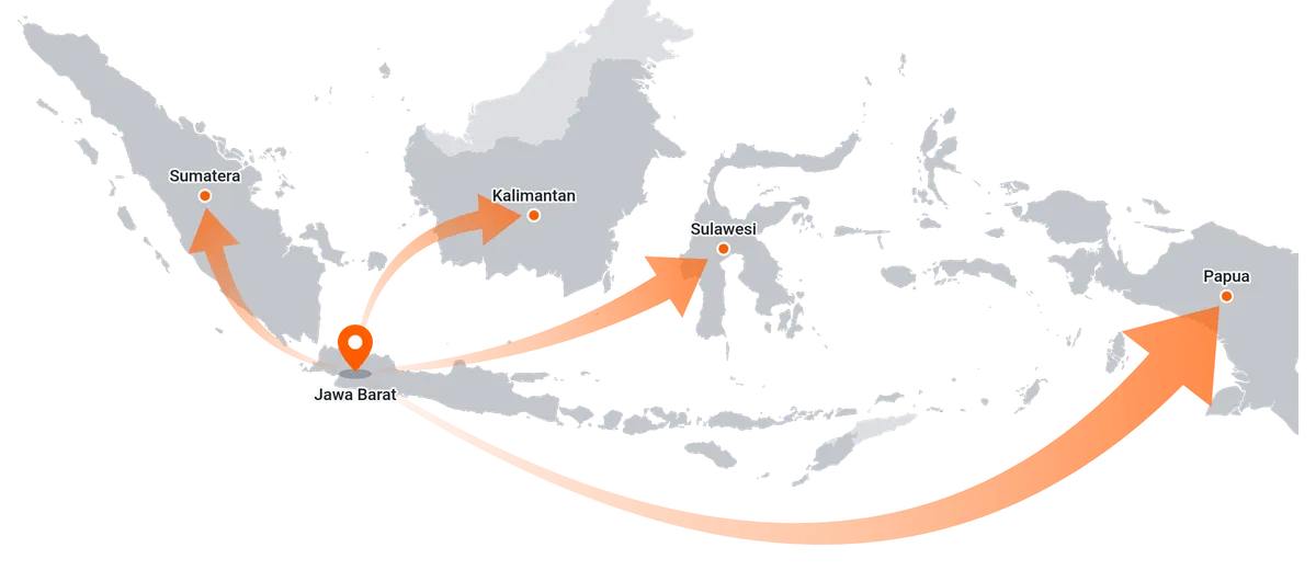 Peta sebaran pelanggan BAE di Indonesia: Sumatera, Jawa Barat, Kalimantan, Sulawesi, dan Papua